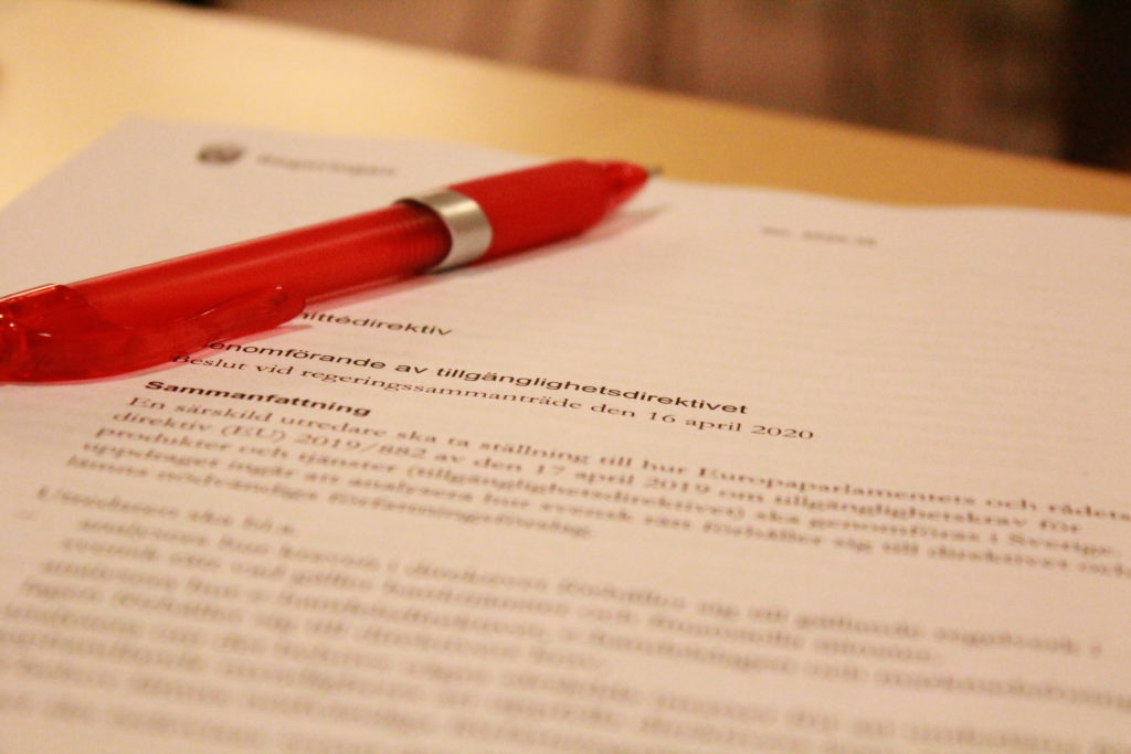 Bild på Riksdagens dokument om tillgänglighetsdirektivets genomförande.