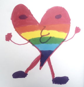 Teckning med färgkritor. Ett hjärta i regnbågsfärger, med armar, ben, ögon etc. 
