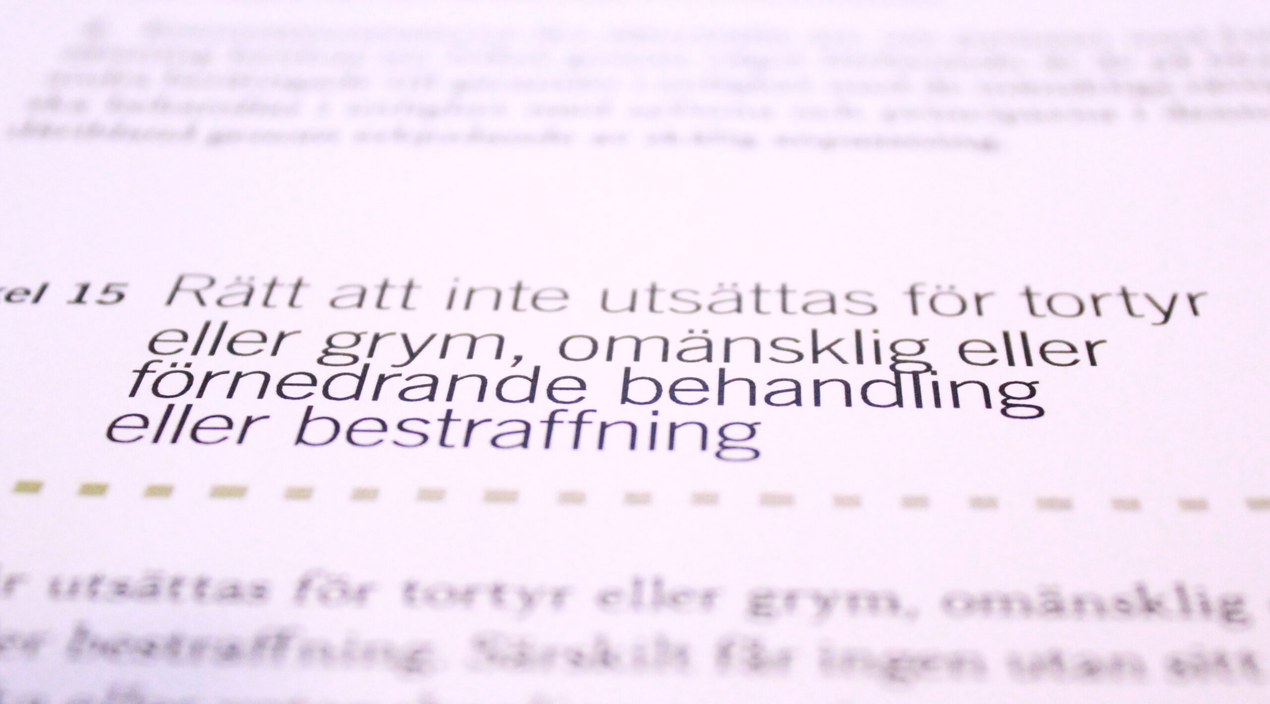 Närbild på konventionstext om rättigheter att slippa tortyr etc.